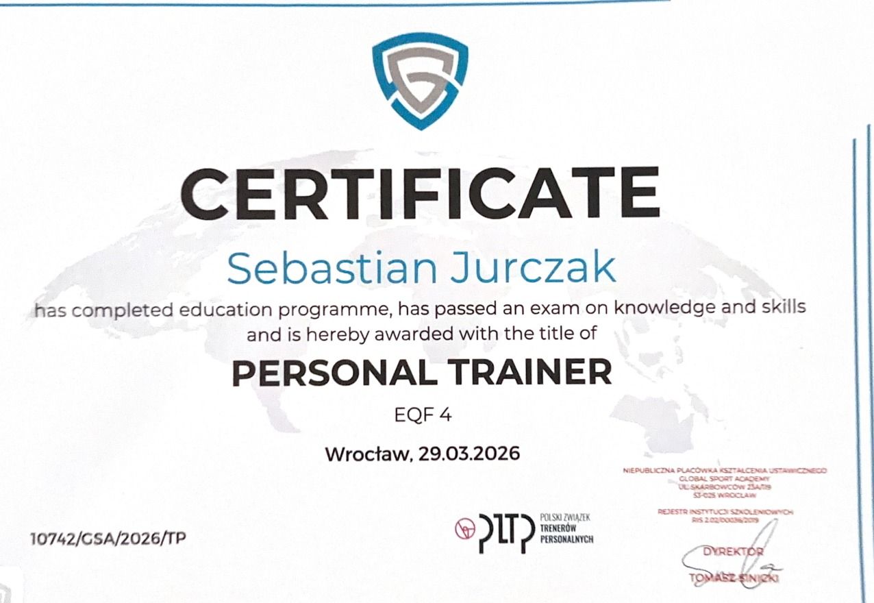 Certyfikat Trenera Personalnego – GSA Academy, Sebastian Jurczak